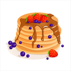 Cartoon pancakes with jam with blueberries, strawberries. Vector illustration of delicious breakfast, American brunch isolated on white background. Food, pastries and sweets.