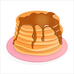 Cartoon pancakes with jam or syrup on a pink plate. Vector illustration of delicious breakfast, American brunch isolated on white background. Food, baking and sweets concept.