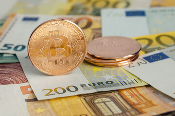 Money background. USA dollar with Euro Banknotes and Bitcoin cryptocurrency investing concept.