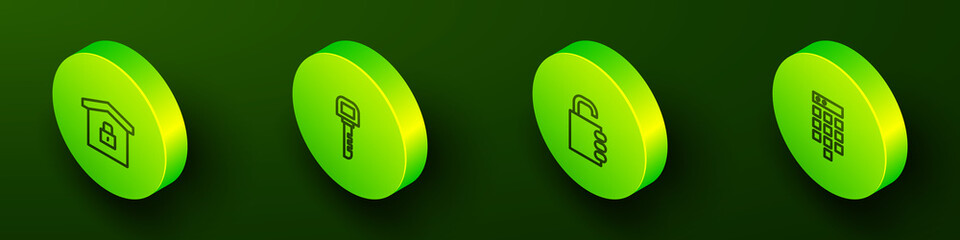 Set Isometric line House under protection, Key, Safe combination lock and Password icon. Vector