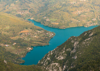 Fototapeta na wymiar Tara mountain in western Serbia. Viewpoint Biljeska stena. View at river Drina and lake Perucac