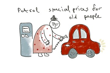 Old woman with red car at the petrol station 