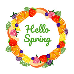 Hello spring lettering with raspberry, blackberry, strawberry, blueberry, peach, orange and greenery. Vector cartoon elements of berries and fruits. Vector illustration. Round template for your design