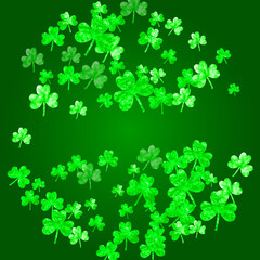 Saint patricks day background with shamrock. Lucky trefoil confetti. Glitter frame of clover leaves. Template for voucher, special business ad, banner. Festive saint patricks day backdrop.