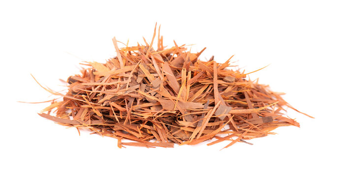 Lapacho herbal tea, isolated on white background. Natural Taheeboo dry tea. Pau d'arco herb. Tabebuia heptophylla.