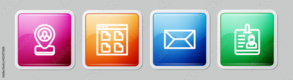 Poster set line worker location, browser files, envelope and identification badge. colorful square button. 