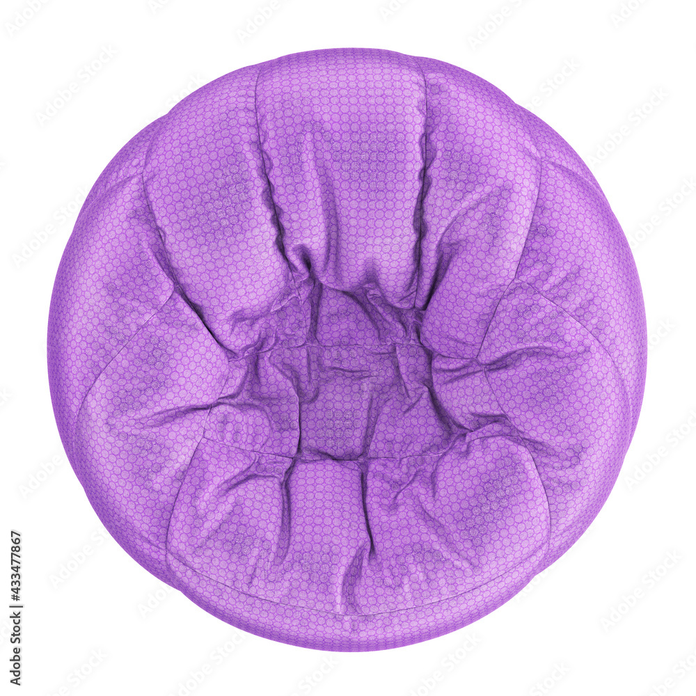 Poster purple soft fabric armchairbag with a pattern of circles on an isolated background. top view. 3d ren