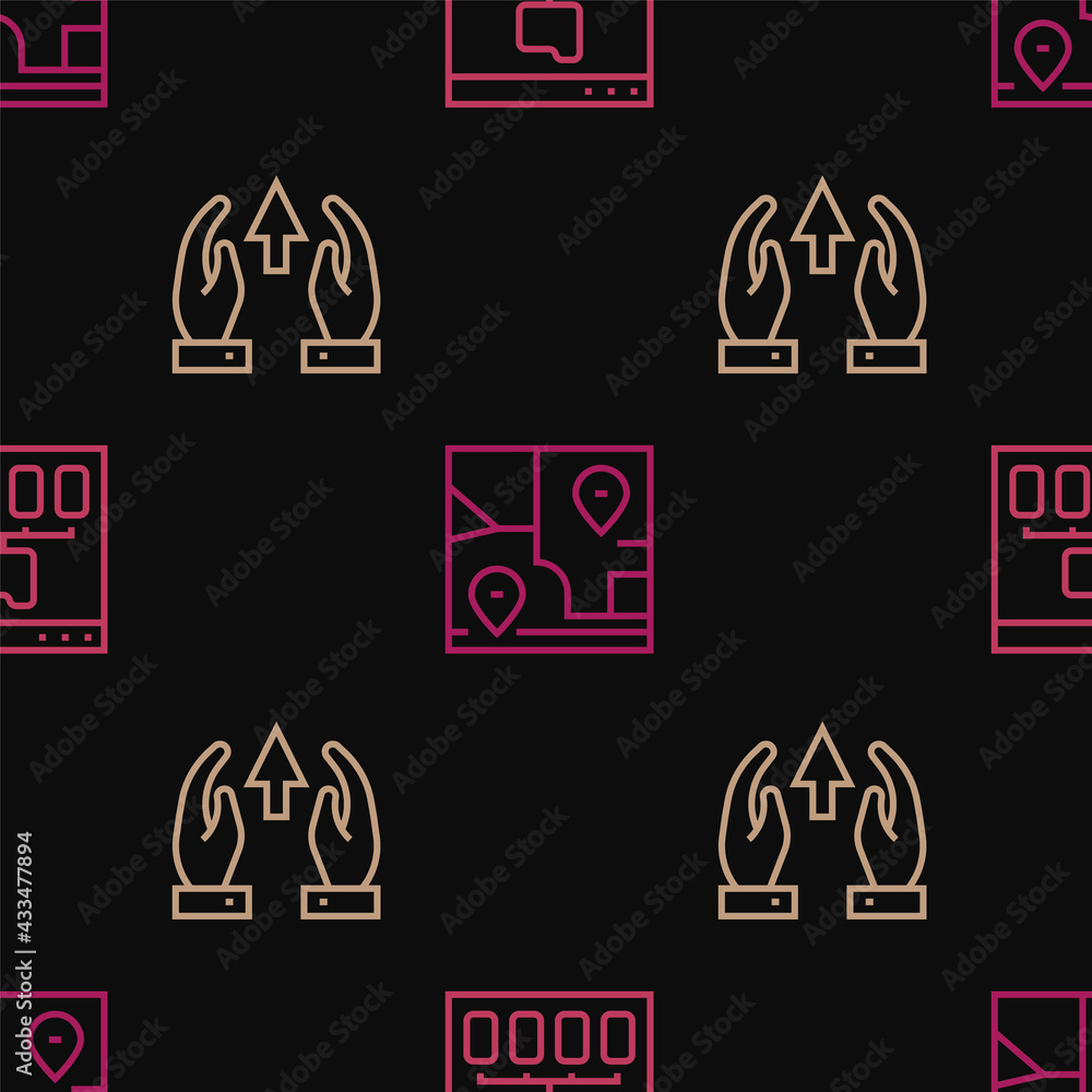 Poster set line browser files, growth chart and progress and folded map with location on seamless pattern. 