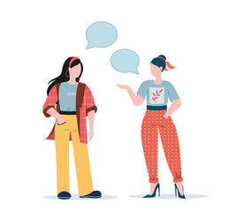 Stylish female characters conduct a dialogue about fashion. Modern girls in bright clothes with different prints. Flat vector illustration on a white background.