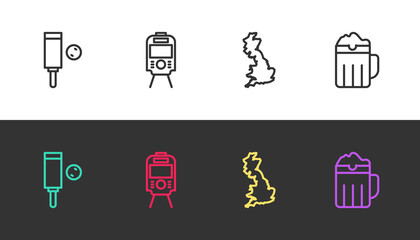 Set line Wood cricket bat and ball, Tram railway, England map and Wooden beer mug on black and white. Vector