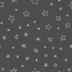 Hand drawn stars seamless pattern. Monochrome texture background of star doodle illustrations.