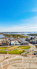 Aerial view of Helsinki city. Sky and colorful buildings.	
