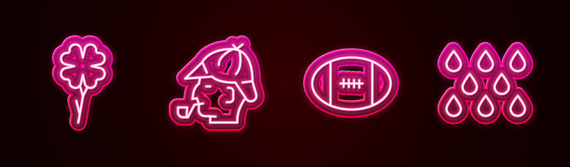 Set line Four leaf clover, Sherlock Holmes, Rugby ball and Water drop. Glowing neon icon. Vector
