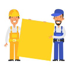 Builder and repairman hold large blank sign. Vector characters