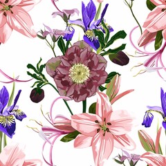 Seamless floral pattern with Helleborus, lilies and iris flowers on white background. Template design for textiles, interior, clothes, wallpaper. Botanical art.
