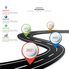 Vector road infographic with pin pointer. Timeline template with 4 markers on a curved road line.