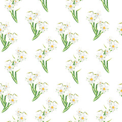Watercolor Narcissus seamless pattern. Hand painted daffodil flowers isolated on white background. Spring floral illistration, elegant feminine design for textile, fabrics, wrapping, scrapbook, print
