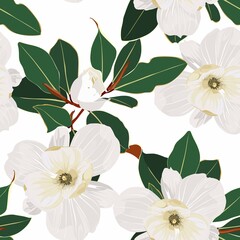 Seamless floral pattern with white tropical magnolia flowers with leaves on white background. Template design for textiles, interior, clothes, wallpaper. Botanical art. Engraving style.