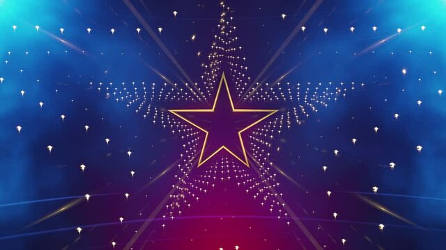 Gold star over blue Background in Loop, for stage video background design, visual projection mapping, music video, TV show, presentations, editors and VJs for led screens or fashion show.
