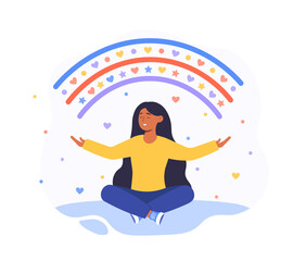 Happy woman sits in lotus pose and open her arms