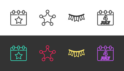 Set line Calendar with date July 4, Hexagram sheriff, Carnival garland flags and on black and white. Vector