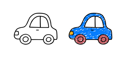 Car vector illustration isolated on a white background. Hand drawn outline icon automobile. Kids doodle.
