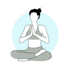 Woman practicing yoga poses on abstract blue background. Flat cartoon colored vector illustration