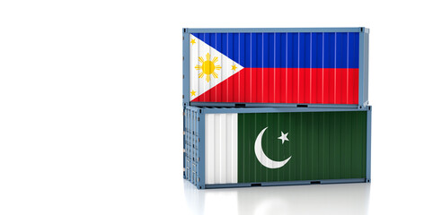 Two freight container with Philippines and Pakistan national flags. Copy space on the left side - 3D Rendering