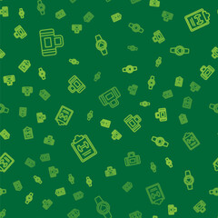 Set line Sport bag, training program and Smartwatch on seamless pattern. Vector