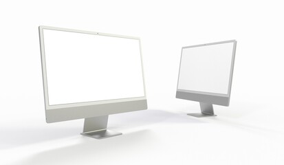 Computer display mock up with blank white screen. Stylish desktop computer mockup 3D