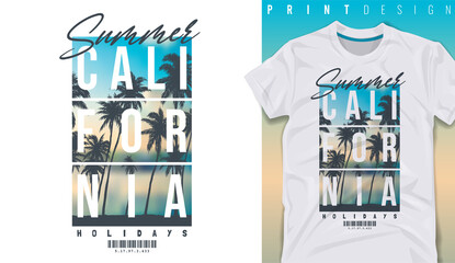 Graphic t-shirt design, California typography slogan on sunset palm,vector illustration for t-shirt.