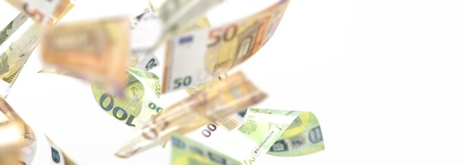 Euro coin falling banknotes. European money on white isolation background. 3d