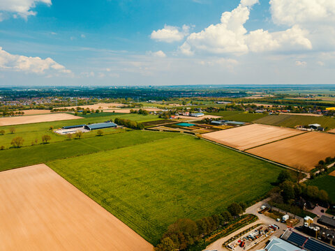 Aerial drone view of the flat landscape of the Netherlands