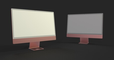 Computer display mock up with blank white screen. Stylish desktop computer mockup 3D