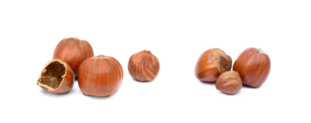 Group fresh hazelnuts isolated on white background