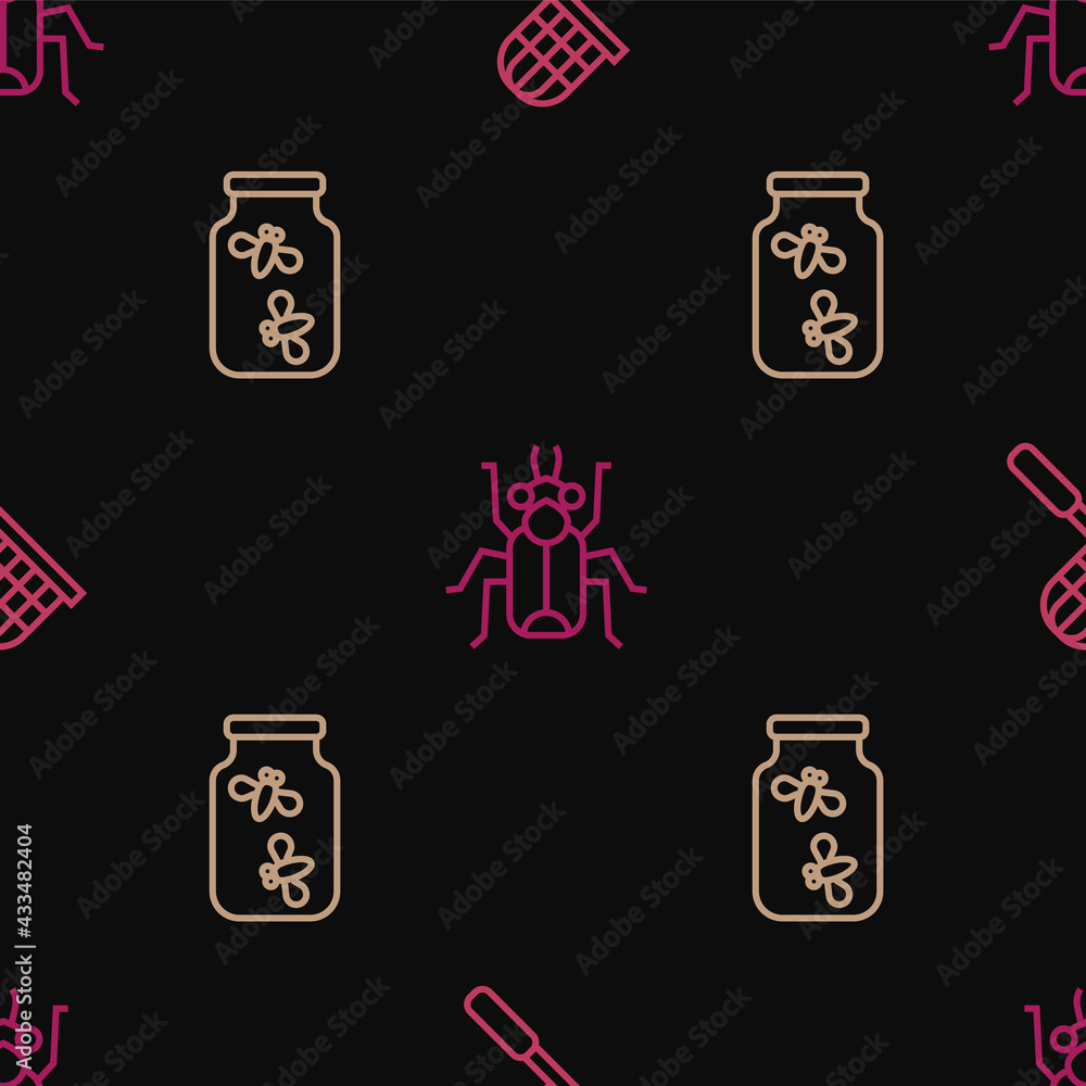 Aufkleber set line butterfly net, fireflies bugs in a jar and beetle on seamless pattern. vector