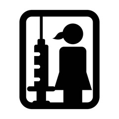 Vaccination icon vector with vaccine injection syringe female person symbol for immunization in a glyph pictogram illustration