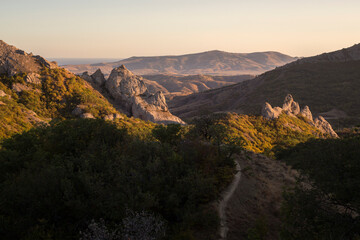Landscape with Crimean mountains at sunset