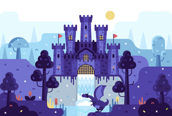 Vector cartoon illustration medieval castle on a rock, a dragon sits by a waterfall