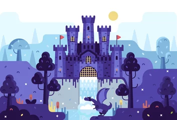 Foto op Plexiglas Kinderkamer Vector cartoon illustratie middeleeuws kasteel op een rots, een draak zit bij een waterval
