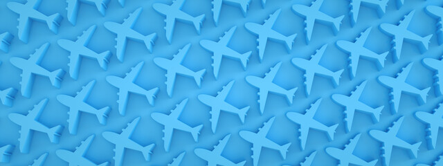 airplanes pattern over blue background, panoramic image