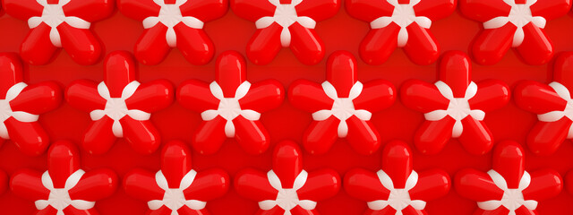 Fototapeta na wymiar red flowers pattern, 3d render, party supplies panoramic image