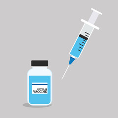 Covid-19 coronavirus vaccine. Syringe and vaccine vial flat icons. Treatment for coronavirus covid-19. Isolated vector illustration