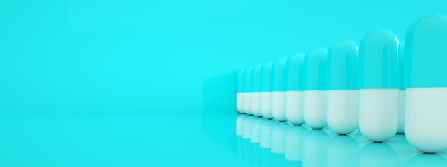 Row of capsule pills over blue background, pharmacy  concept, 3d rendering, panoramic layout image