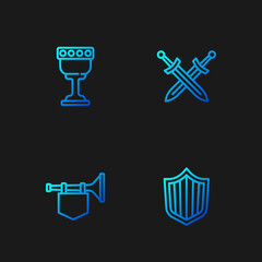 Set line Shield, Trumpet with flag, Medieval goblet and Crossed medieval sword. Gradient color icons. Vector