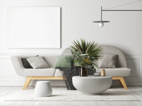 Empty white canvas on the gray wall, living room concept with home decoration, 3d render, 3d illustration.