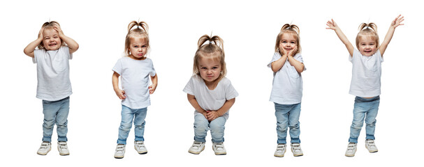 Cute little girl 2-3 years old in jeans with different emotions. Full height. Isolated on white...