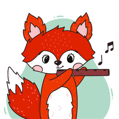 cute illustration of a baby fox with flute for nursery posters, banners, prints, cards, kids apparel, stickers, stationary, etc. Music theme. EPS 10