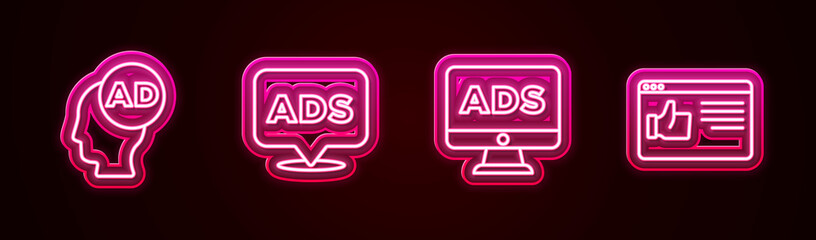 Set line Advertising, , and Browser window. Glowing neon icon. Vector