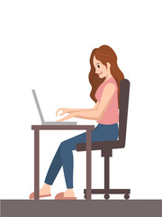 Working woman. Character sitting at desk in room, looking at laptop screen. Flat rector illustration.